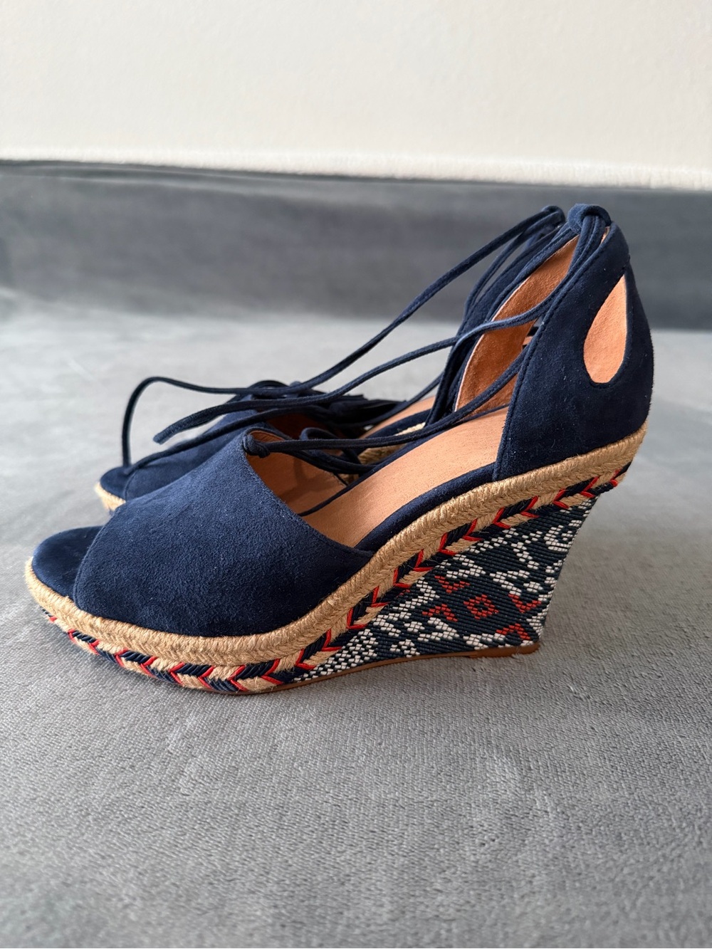 CAbi Black Suede Espadrille Wedge Sandals with Ankle Tie